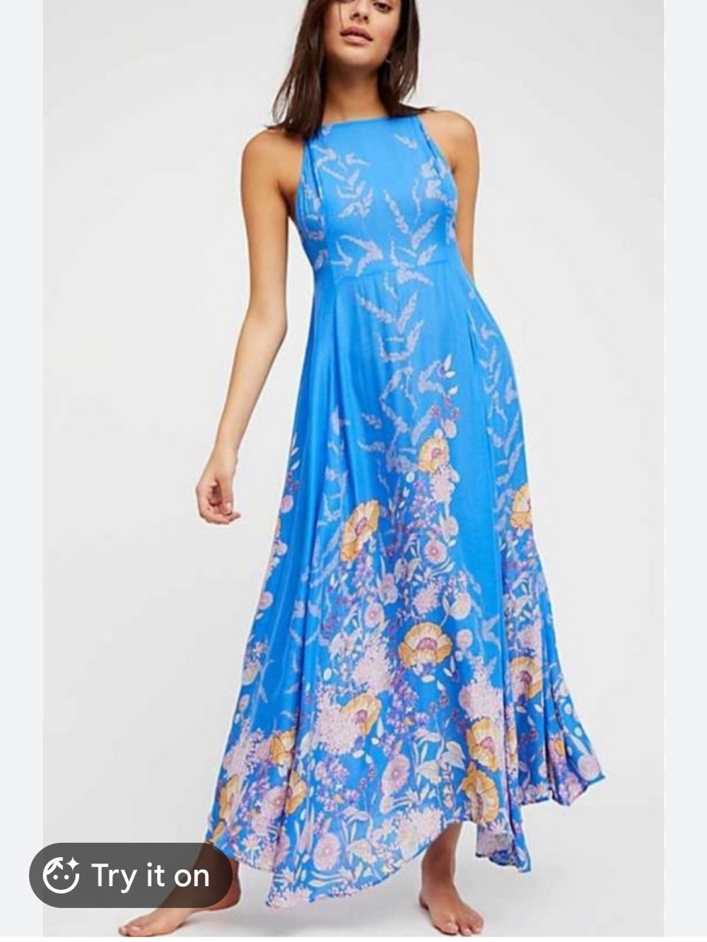 Free People Embrace It Bright Blue Floral Halter Maxi Dress
